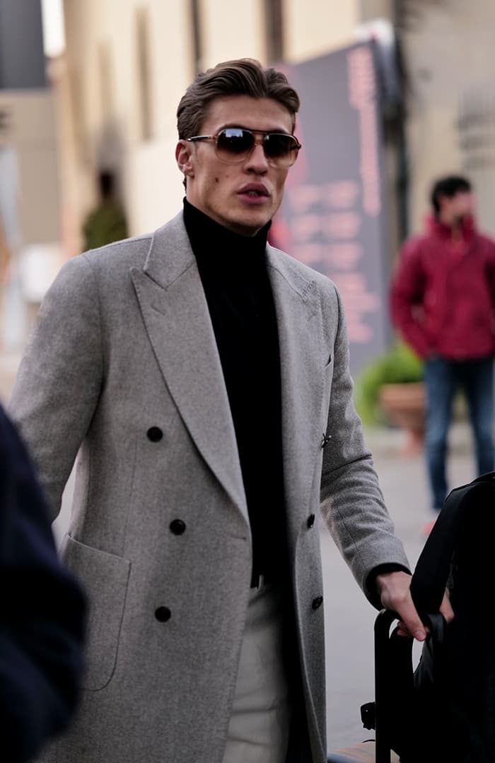Peaked Lapel Coat and Black Turtleneck